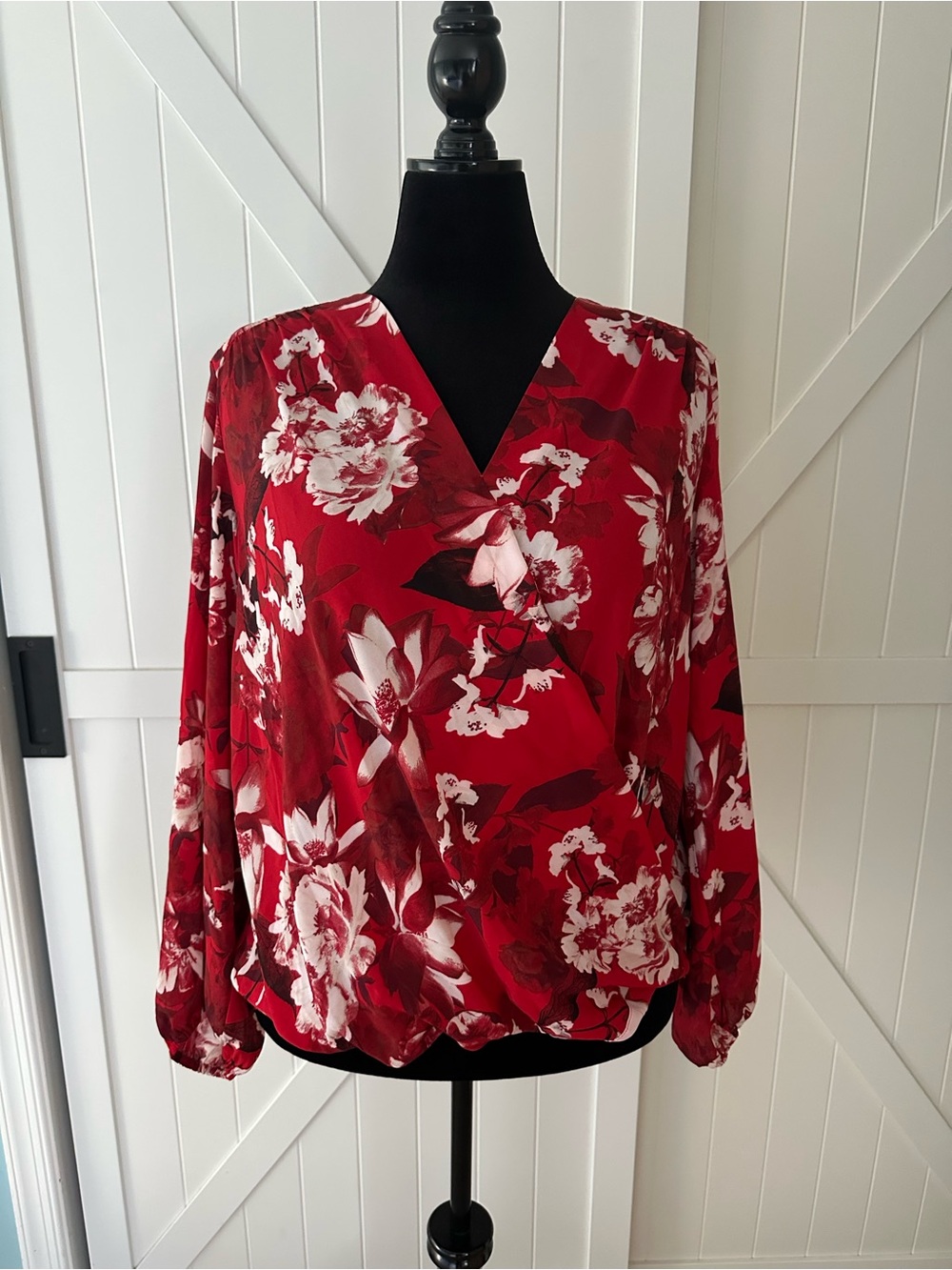 INC International Concepts XL Red Floral Faux Wrap Blouse NWT